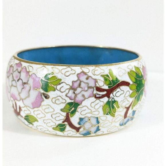 Large Wide Vintage Cloisonne Enamel Bangle Bracelet - Flowers Leaves Clouds - Picture 3 of 16